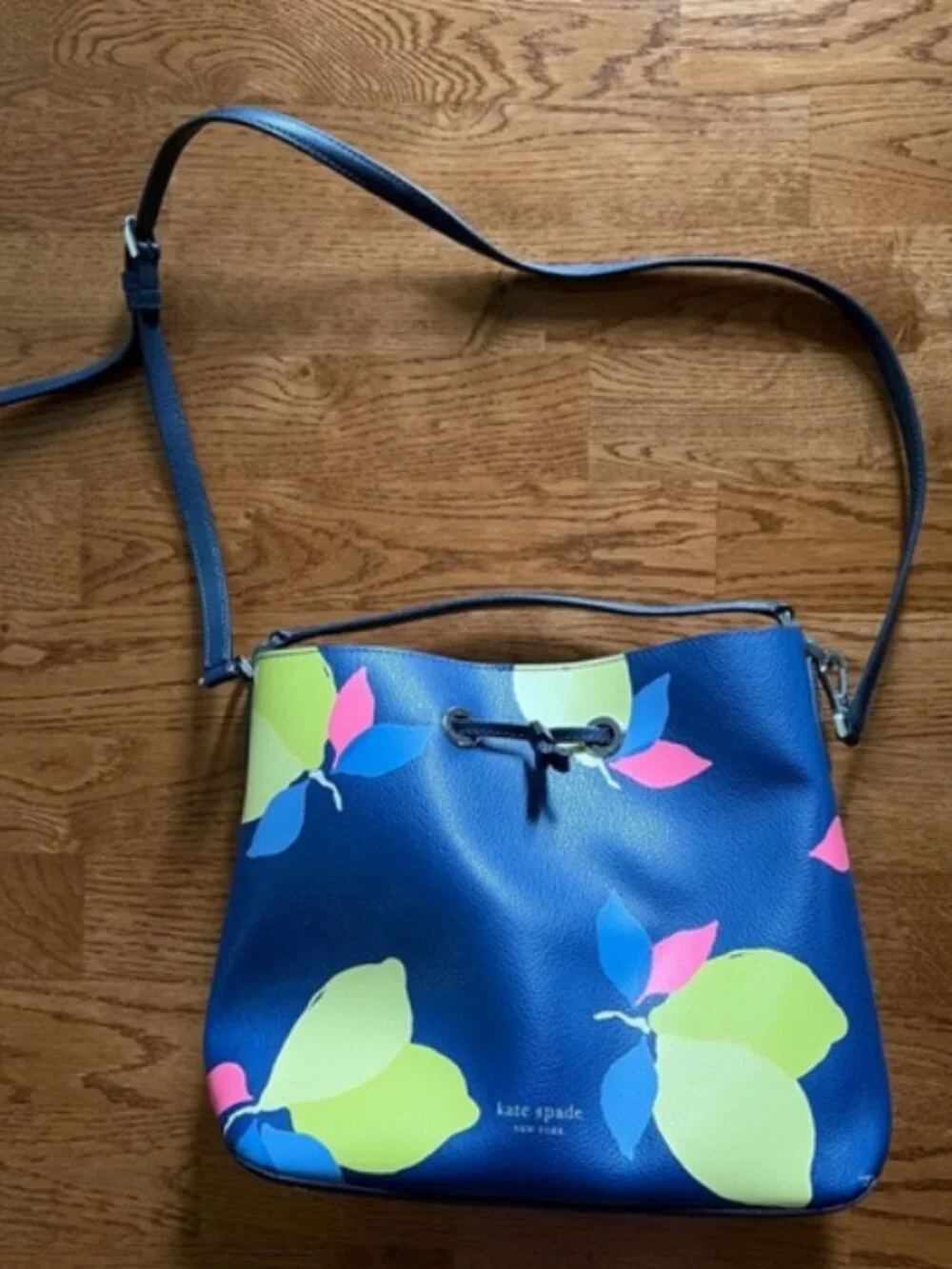 Kate Spade New York Eva Lemon Zest Tote Bag Large Bucket Leather Blue Yellow